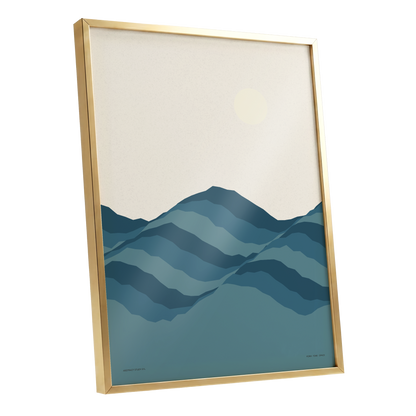 Quiet Peaks at Dawn, blue, beige, gray nature wall art shown as a gold framed poster wall art print