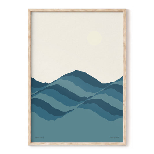 Quiet Peaks at Dawn, blue, beige, gray nature wall art, front artwork view