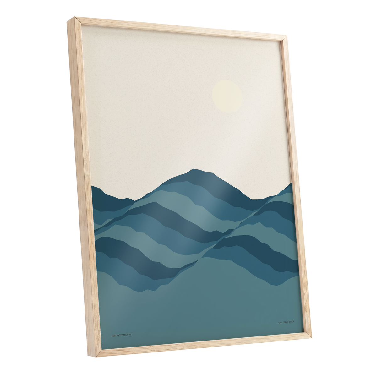 Quiet Peaks at Dawn, blue, beige, gray nature wall art shown as a oak framed poster wall art print