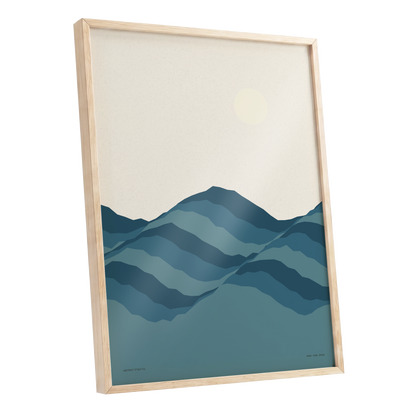 Quiet Peaks at Dawn, blue, beige, gray nature wall art shown as a oak framed poster wall art print