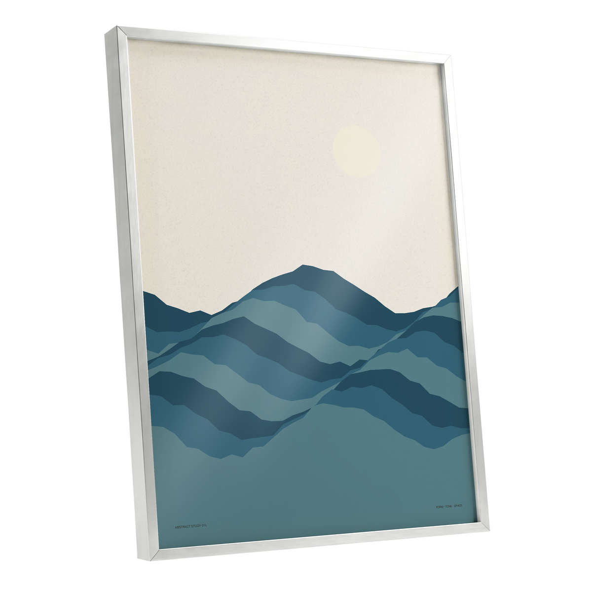 Quiet Peaks at Dawn, blue, beige, gray nature wall art shown as a silver framed poster wall art print