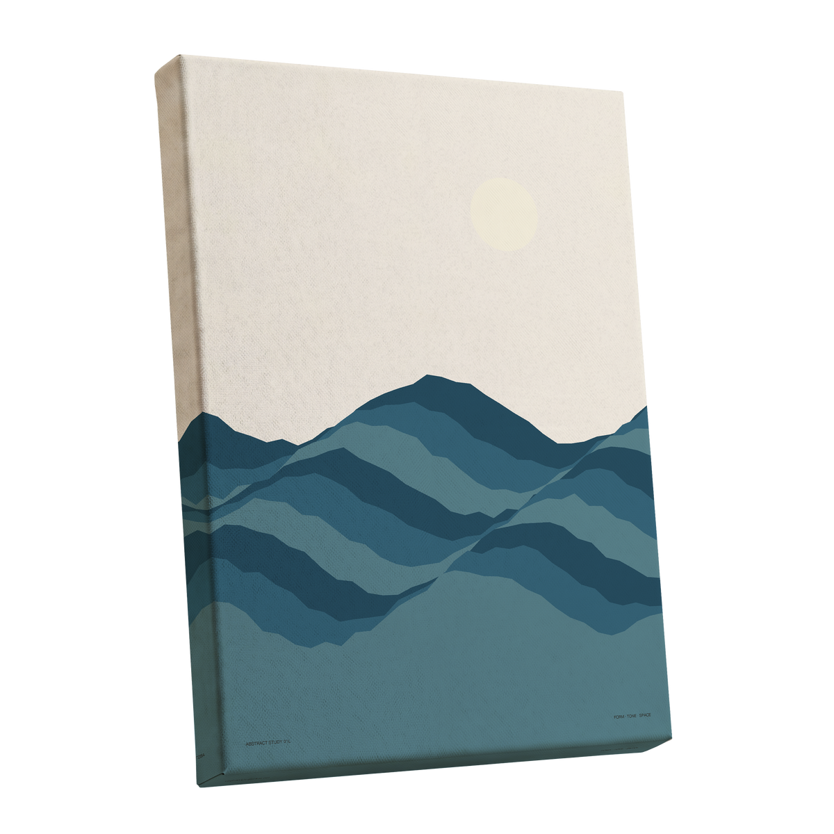 Quiet Peaks at Dawn, blue, beige, gray nature wall art shown as a stretched canvas wall art