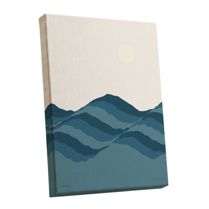 Quiet Peaks at Dawn, blue, beige, gray nature wall art shown as a stretched canvas wall art