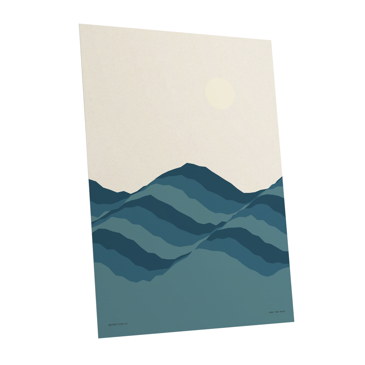 Quiet Peaks at Dawn, blue, beige, gray nature wall art shown as a unframed poster wall art print