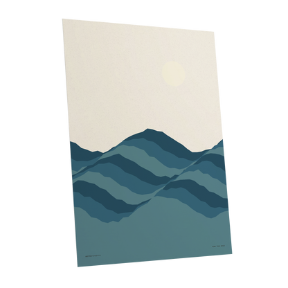 Quiet Peaks at Dawn, blue, beige, gray nature wall art shown as a unframed poster wall art print