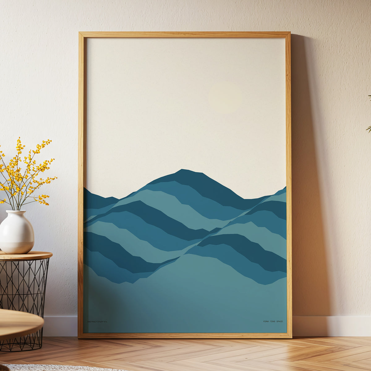 Quiet Peaks at Dawn, blue, beige, gray nature wall art displayed in a styled interior, gallery view 1