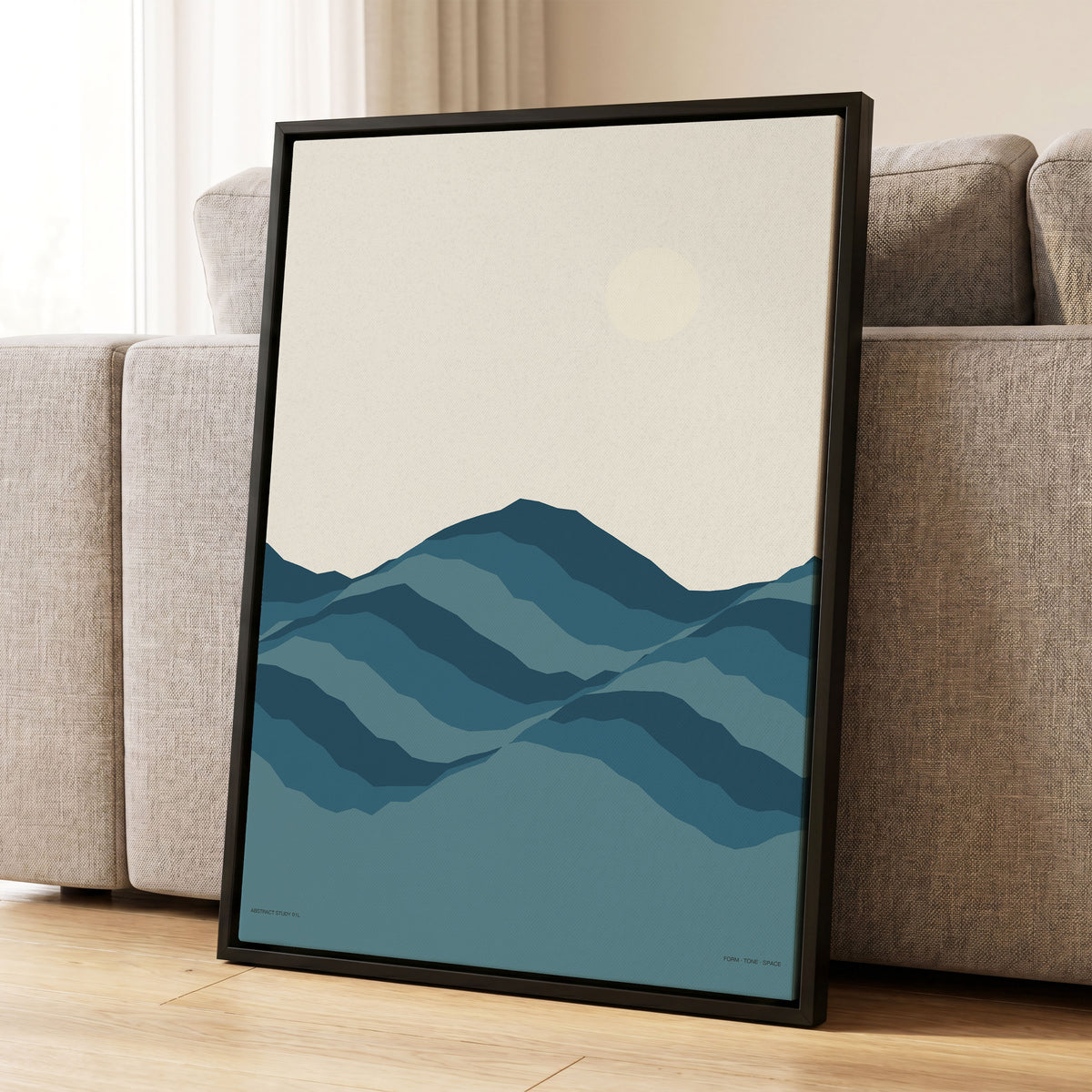 Quiet Peaks at Dawn, blue, beige, gray nature wall art displayed in a styled interior, gallery view 2