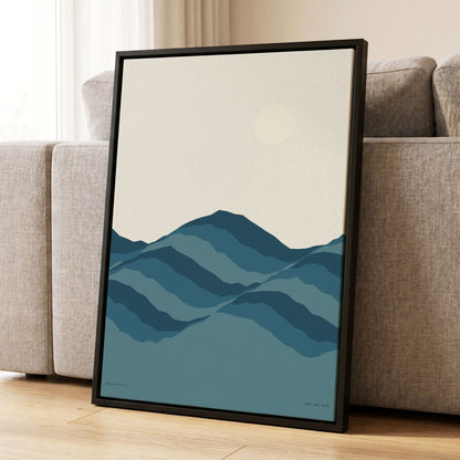 Quiet Peaks at Dawn, blue, beige, gray nature wall art displayed in a styled interior, gallery view 2