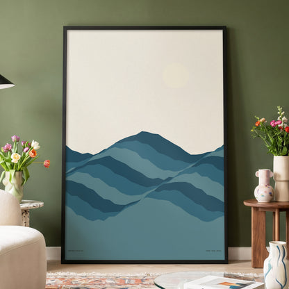 Quiet Peaks at Dawn, blue, beige, gray nature wall art displayed in a styled interior, gallery view 3