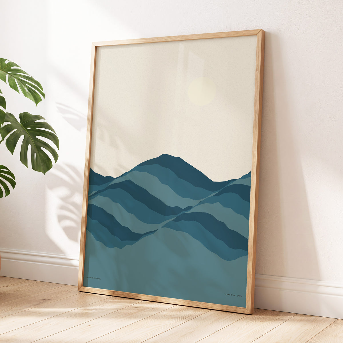 Quiet Peaks at Dawn, blue, beige, gray nature wall art displayed in a styled interior, gallery view 4