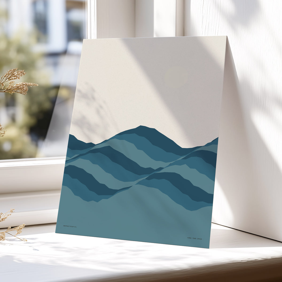 Quiet Peaks at Dawn, blue, beige, gray nature wall art displayed in a styled interior, gallery view 5