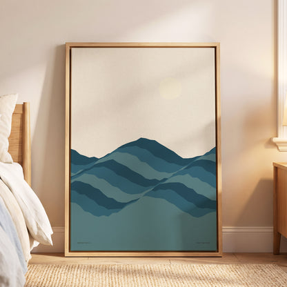 Quiet Peaks at Dawn, blue, beige, gray nature wall art displayed in a styled interior, gallery view 6