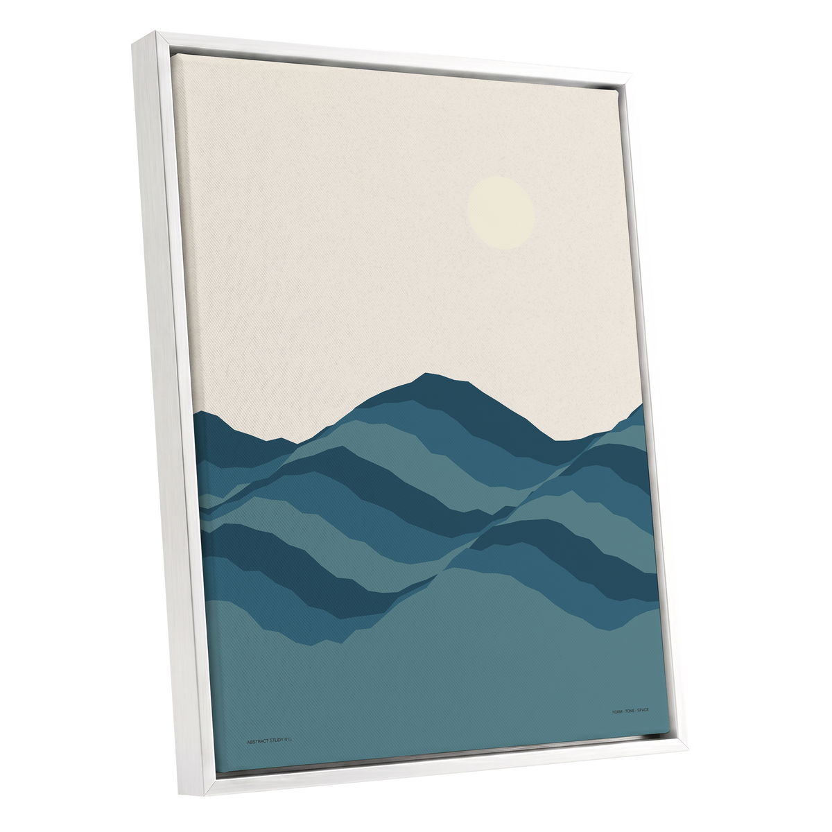 Quiet Peaks at Dawn, blue, beige, gray nature wall art shown as a white framed canvas wall art