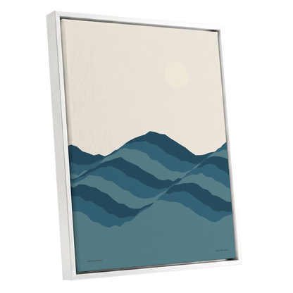 Quiet Peaks at Dawn, blue, beige, gray nature wall art shown as a white framed canvas wall art