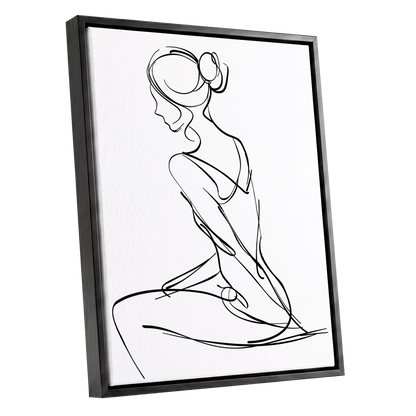 Quiet Poise, black, white minimalist wall art shown as a black framed canvas wall art
