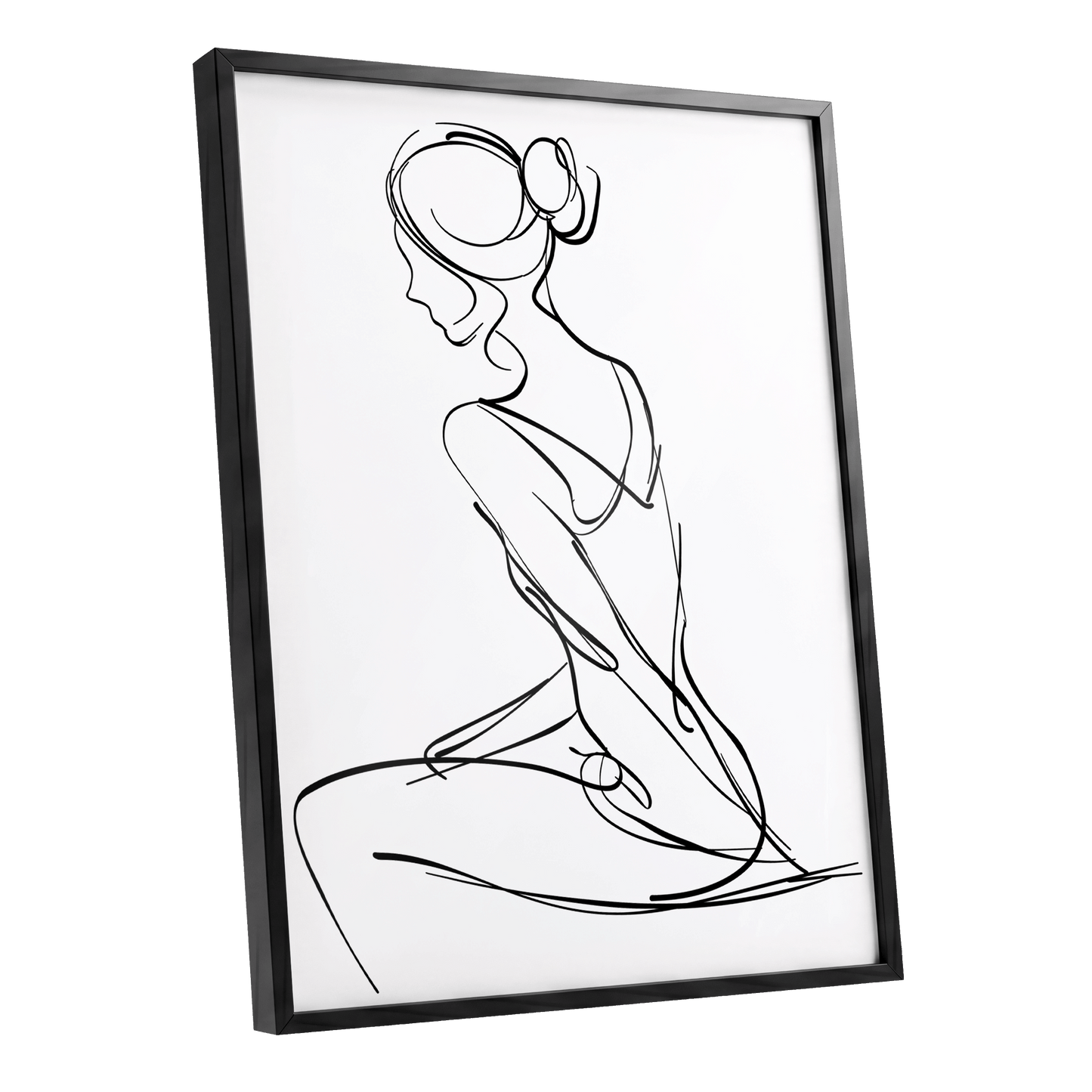 Quiet Poise, black, white minimalist wall art shown as a black framed poster wall art print