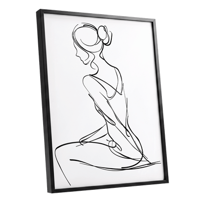Quiet Poise, black, white minimalist wall art shown as a black framed poster wall art print