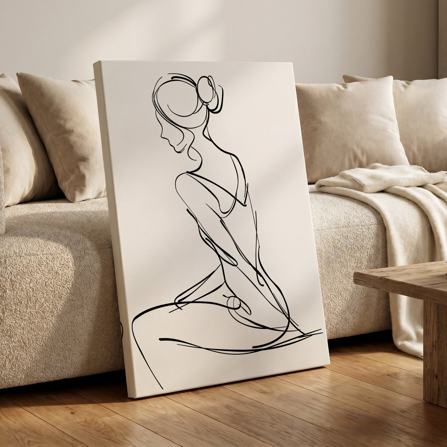 Quiet Poise, black, white minimalist wall art on canvas displayed in a styled interior, gallery view 1