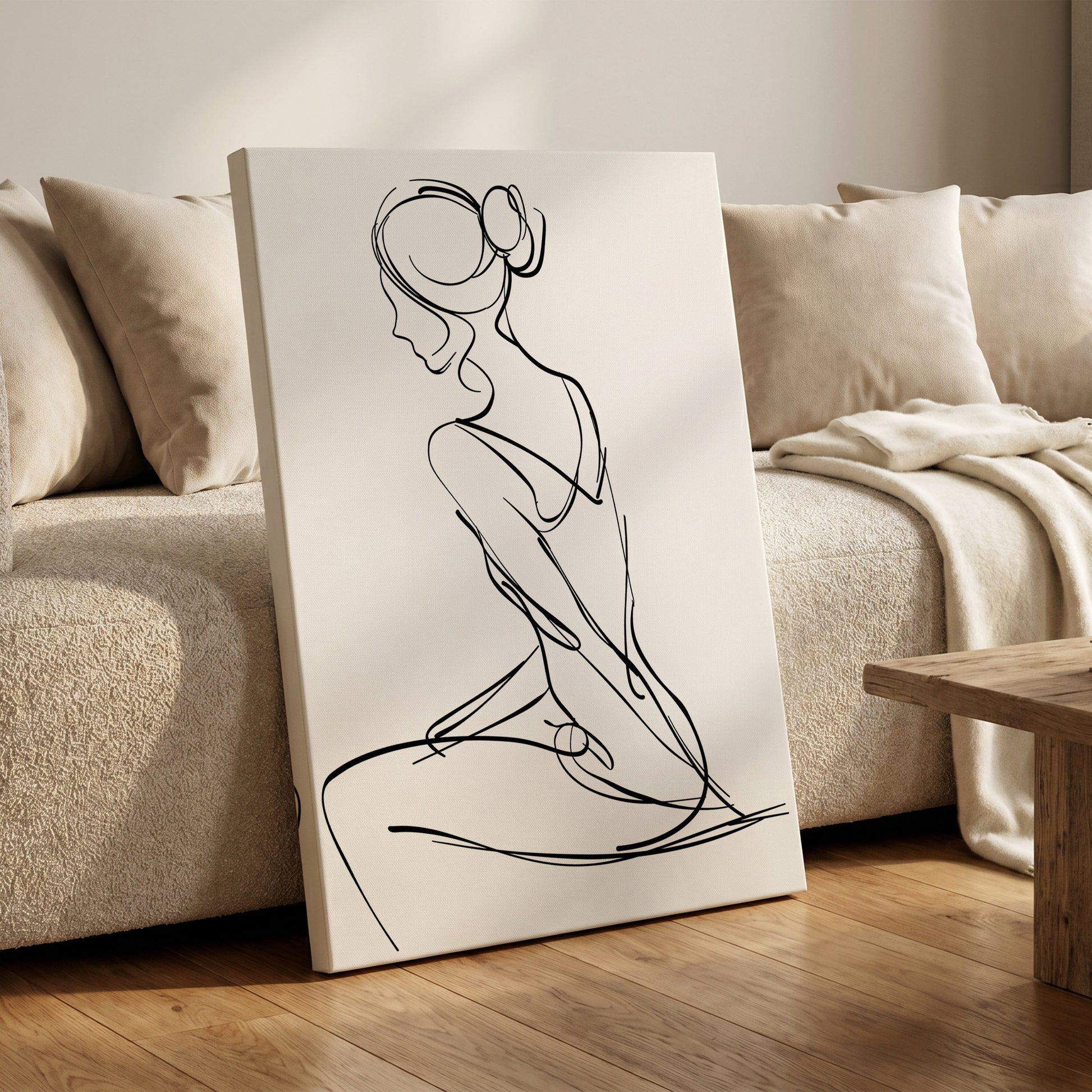 Quiet Poise, black, white minimalist wall art on canvas displayed in a styled interior, gallery view 1