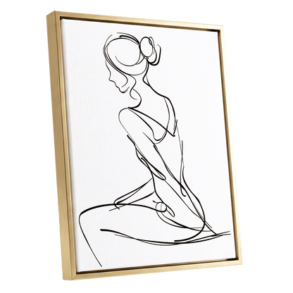 Quiet Poise, black, white minimalist wall art shown as a gold framed canvas wall art
