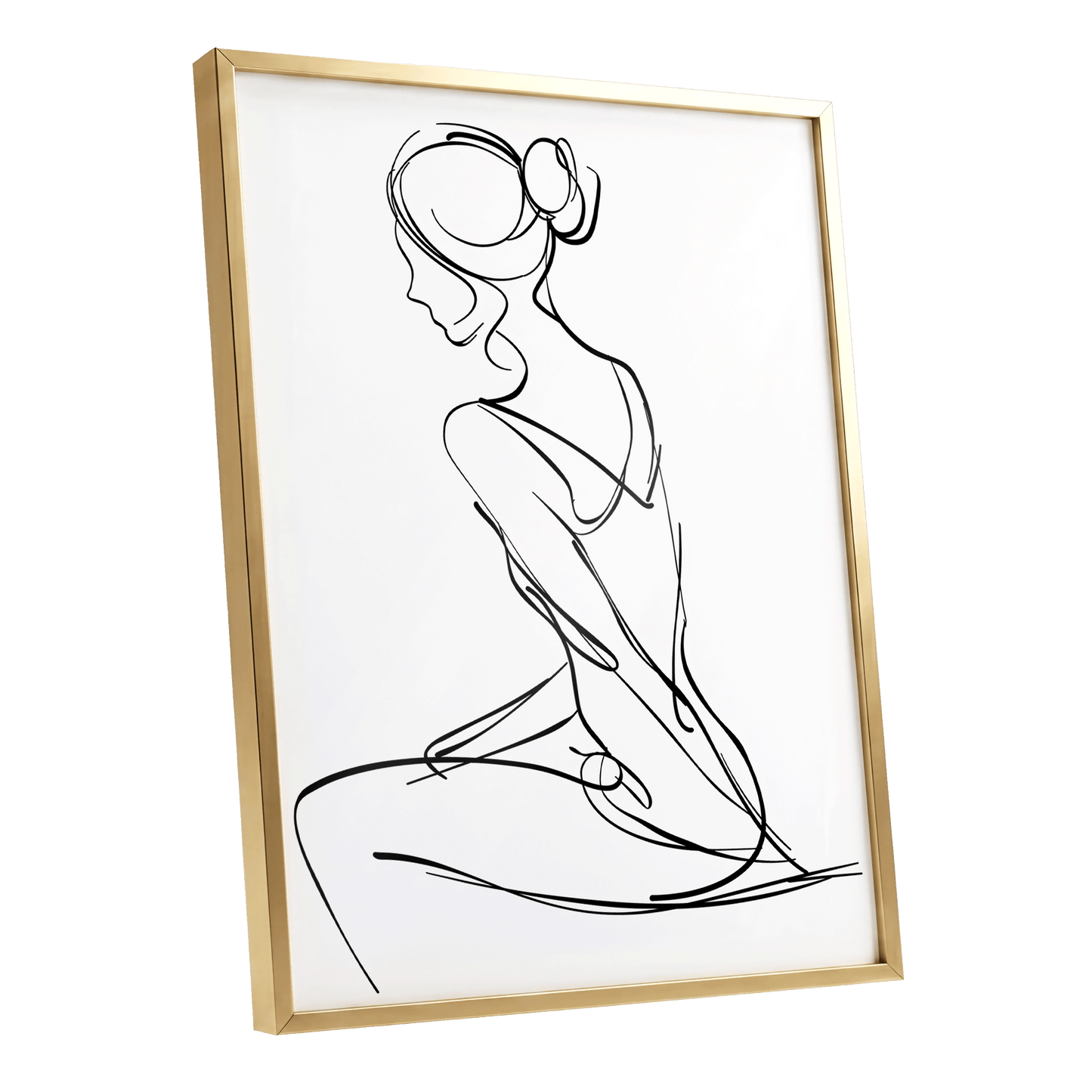 Quiet Poise, black, white minimalist wall art shown as a gold framed poster wall art print