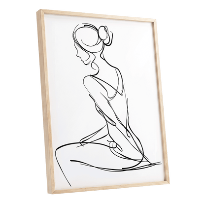 Quiet Poise, black, white minimalist wall art shown as a oak framed poster wall art print