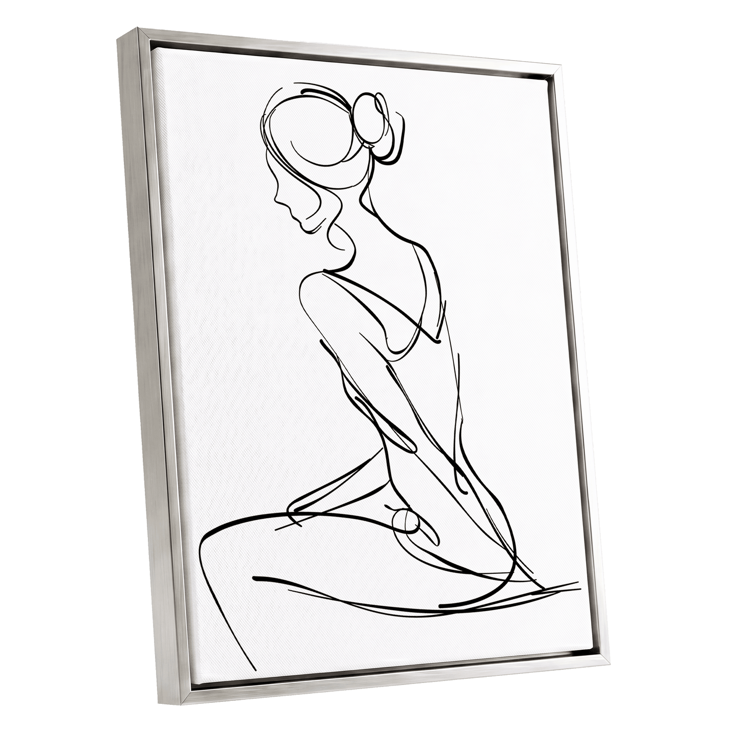 Quiet Poise, black, white minimalist wall art shown as a silver framed canvas wall art