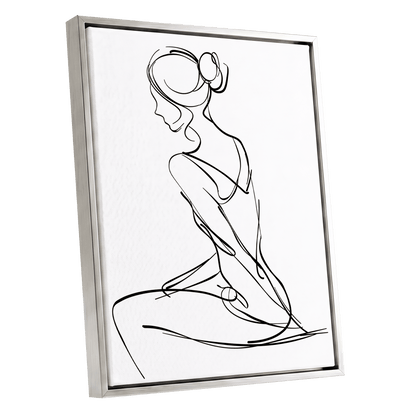 Quiet Poise, black, white minimalist wall art shown as a silver framed canvas wall art
