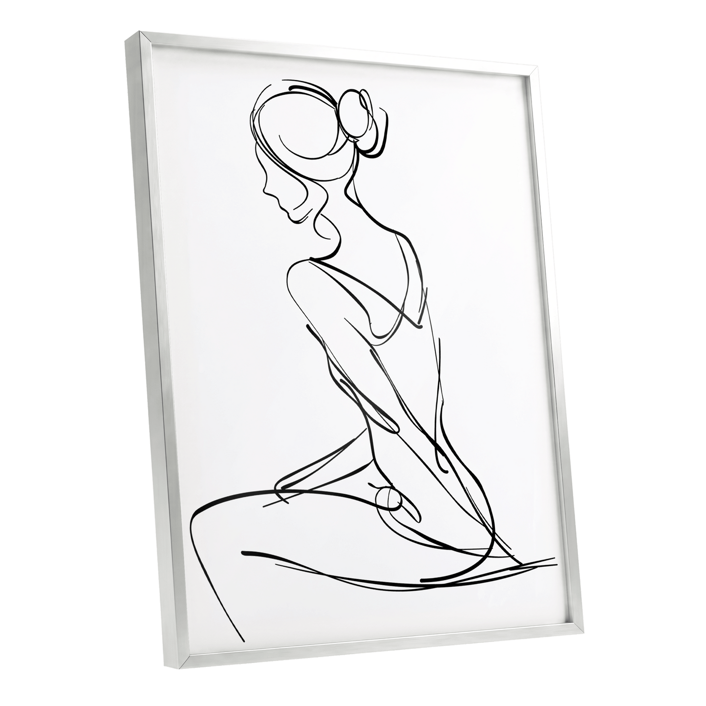 Quiet Poise, black, white minimalist wall art shown as a silver framed poster wall art print