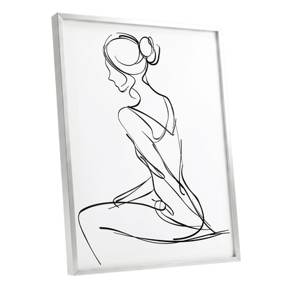 Quiet Poise, black, white minimalist wall art shown as a silver framed poster wall art print
