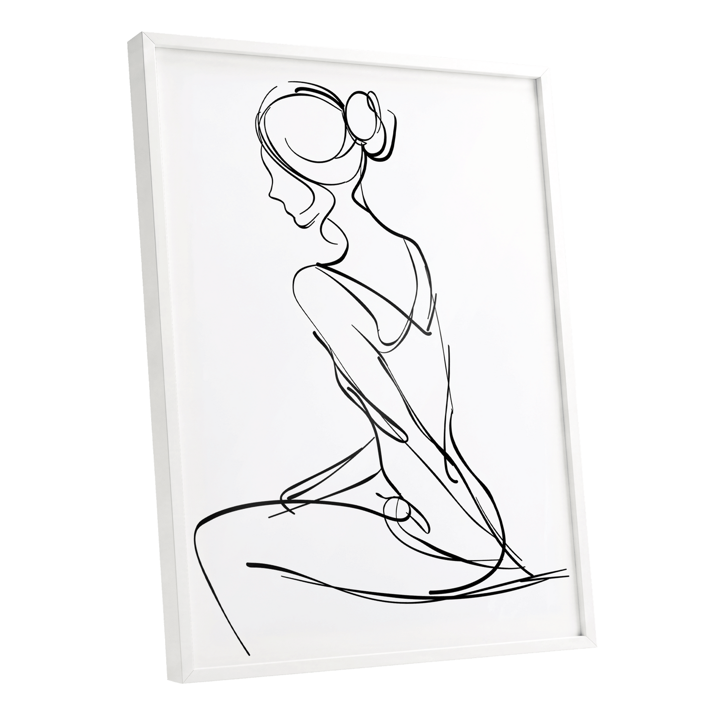 Quiet Poise, black, white minimalist wall art shown as a white framed poster wall art print