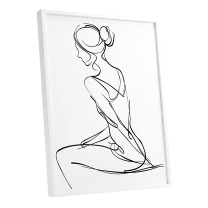 Quiet Poise, black, white minimalist wall art shown as a white framed poster wall art print