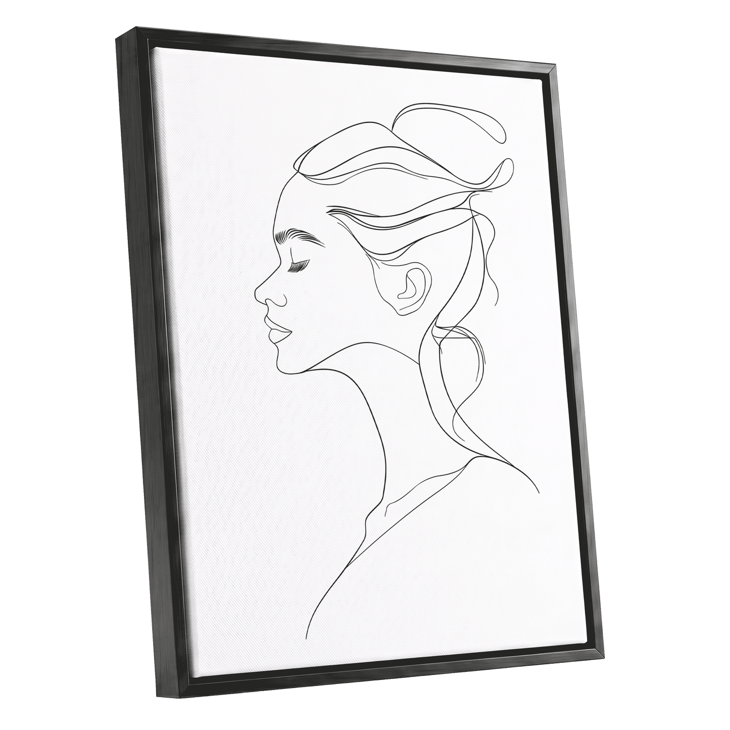 Quiet Profile, black, white minimalist wall art shown as a black framed canvas wall art
