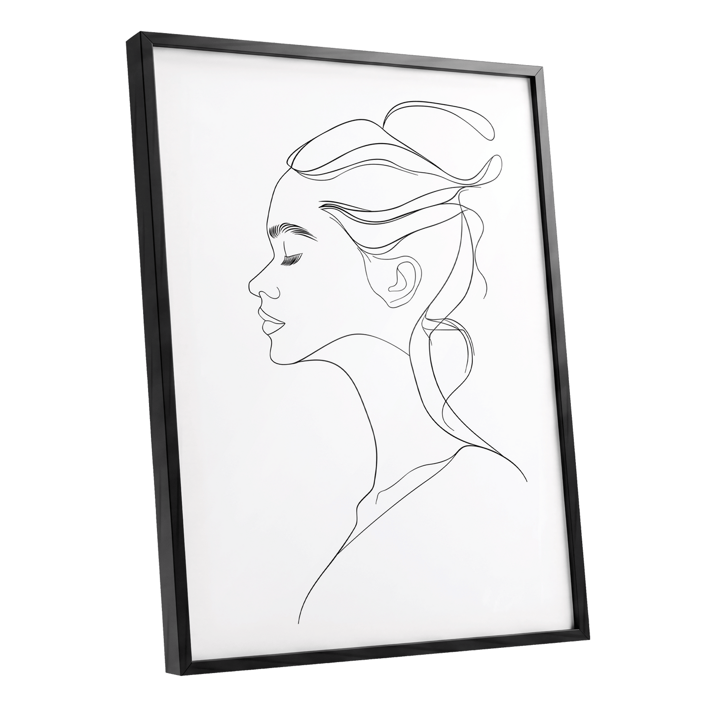 Quiet Profile, black, white minimalist wall art shown as a black framed poster wall art print