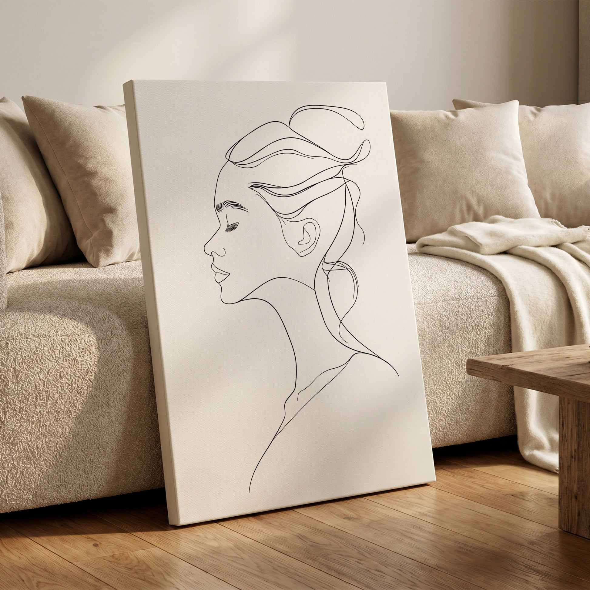 Quiet Profile, black, white minimalist wall art on canvas displayed in a styled interior, gallery view 1