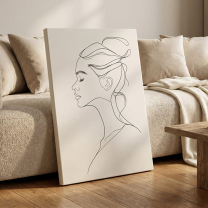Quiet Profile, black, white minimalist wall art on canvas displayed in a styled interior, gallery view 1