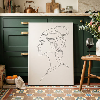 Quiet Profile, black, white minimalist wall art on canvas displayed in a styled interior, gallery view 2