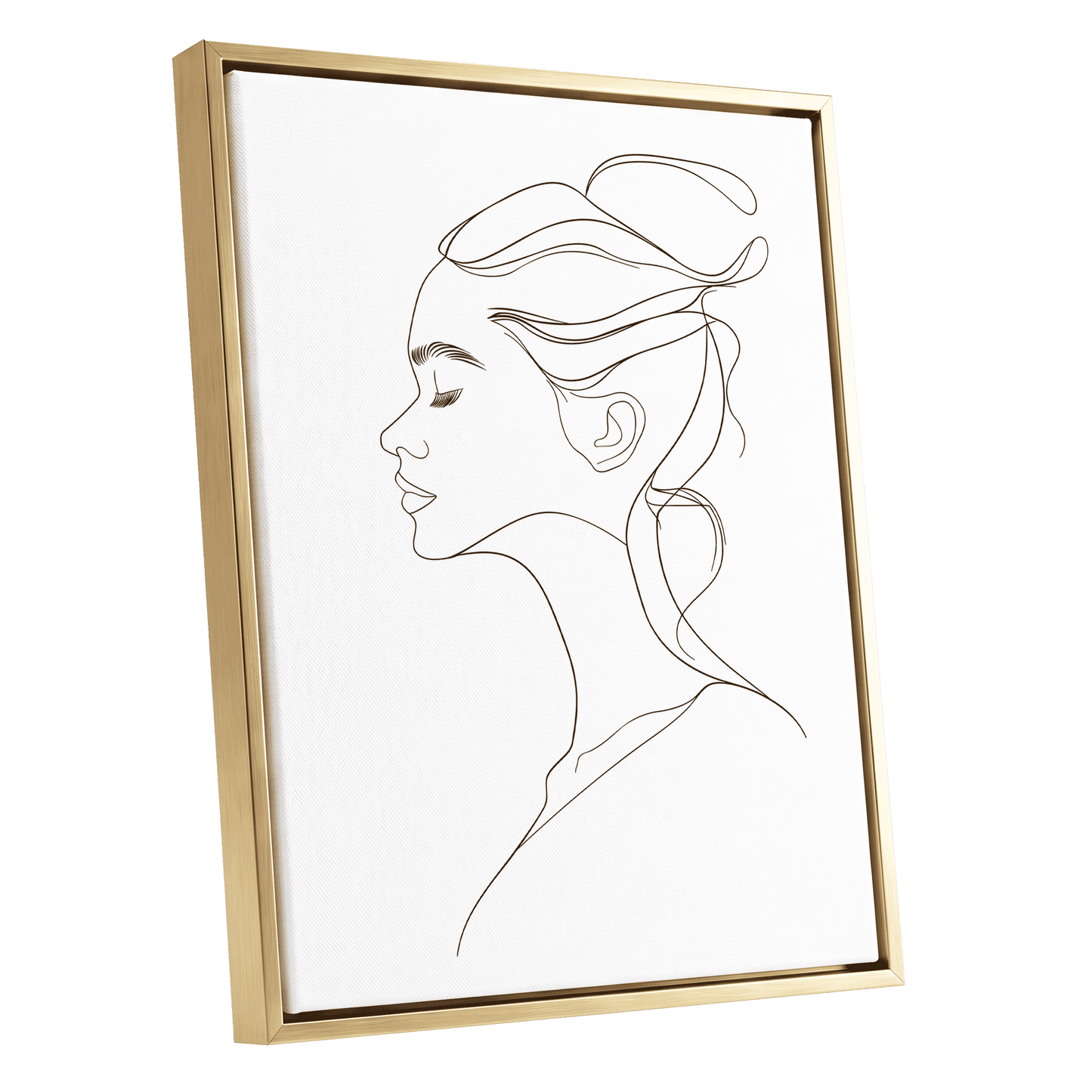Quiet Profile, black, white minimalist wall art shown as a gold framed canvas wall art