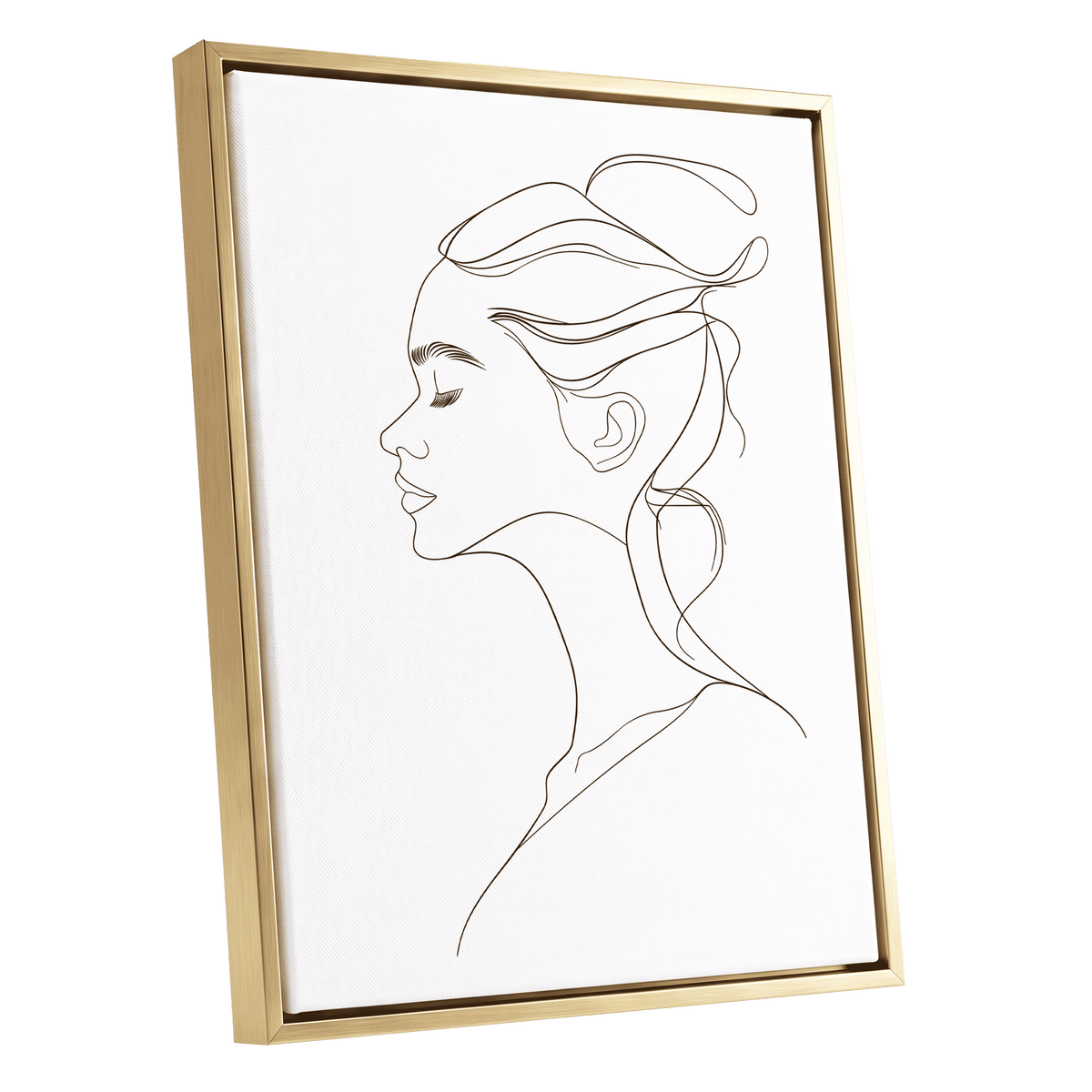 Quiet Profile, black, white minimalist wall art shown as a gold framed canvas wall art