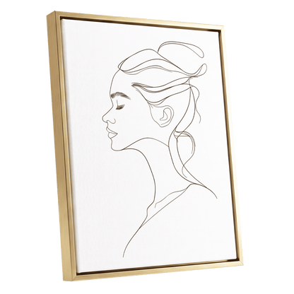 Quiet Profile, black, white minimalist wall art shown as a gold framed canvas wall art