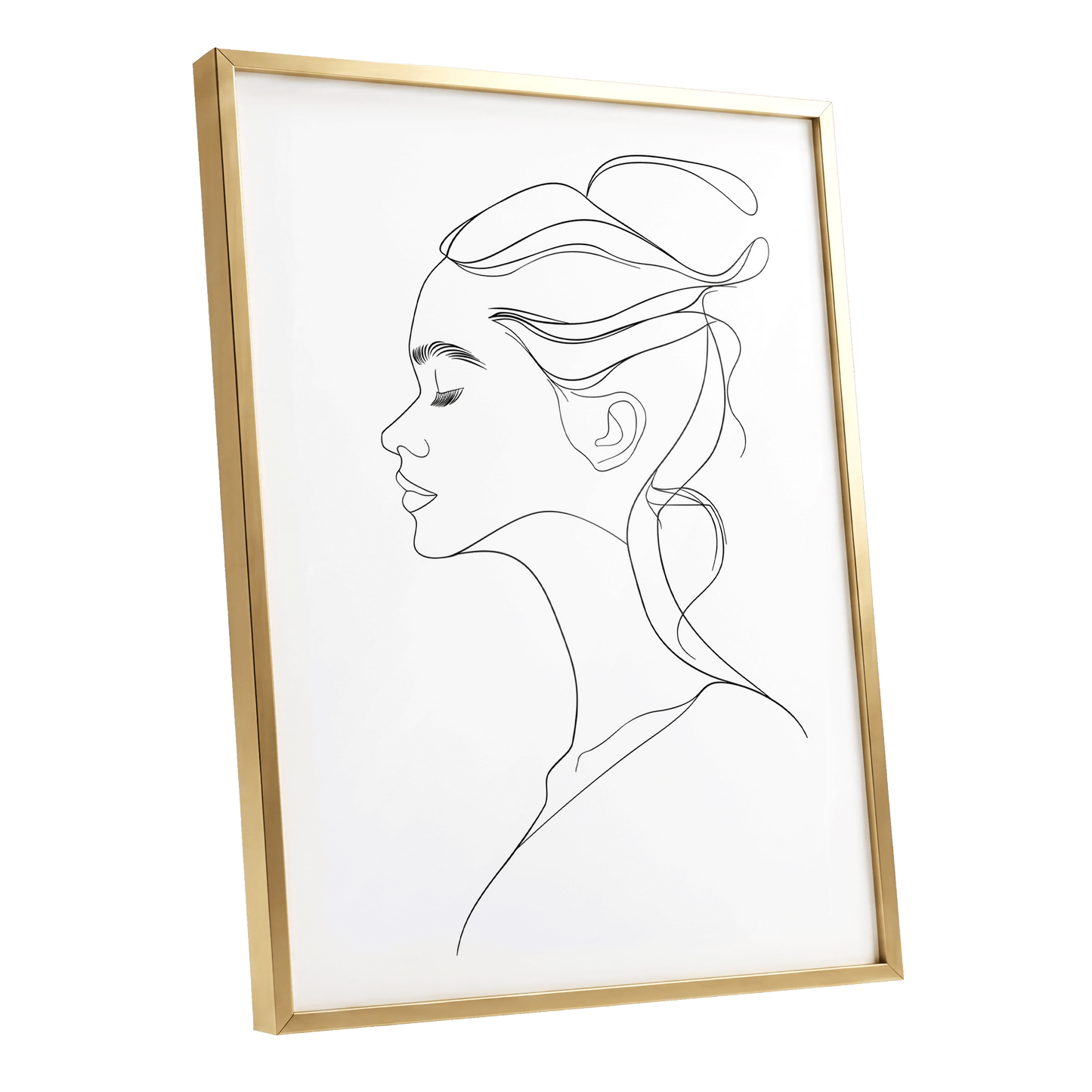 Quiet Profile, black, white minimalist wall art shown as a gold framed poster wall art print