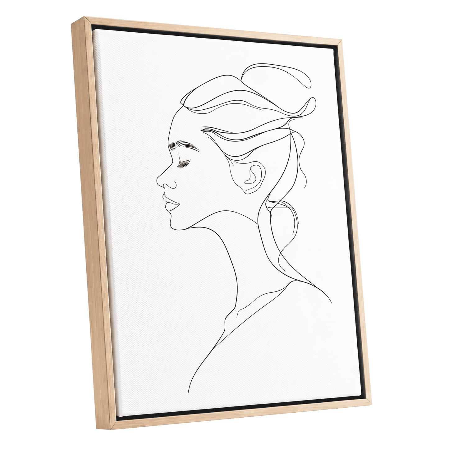Quiet Profile, black, white minimalist wall art shown as a oak framed canvas wall art