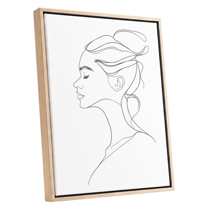 Quiet Profile, black, white minimalist wall art shown as a oak framed canvas wall art