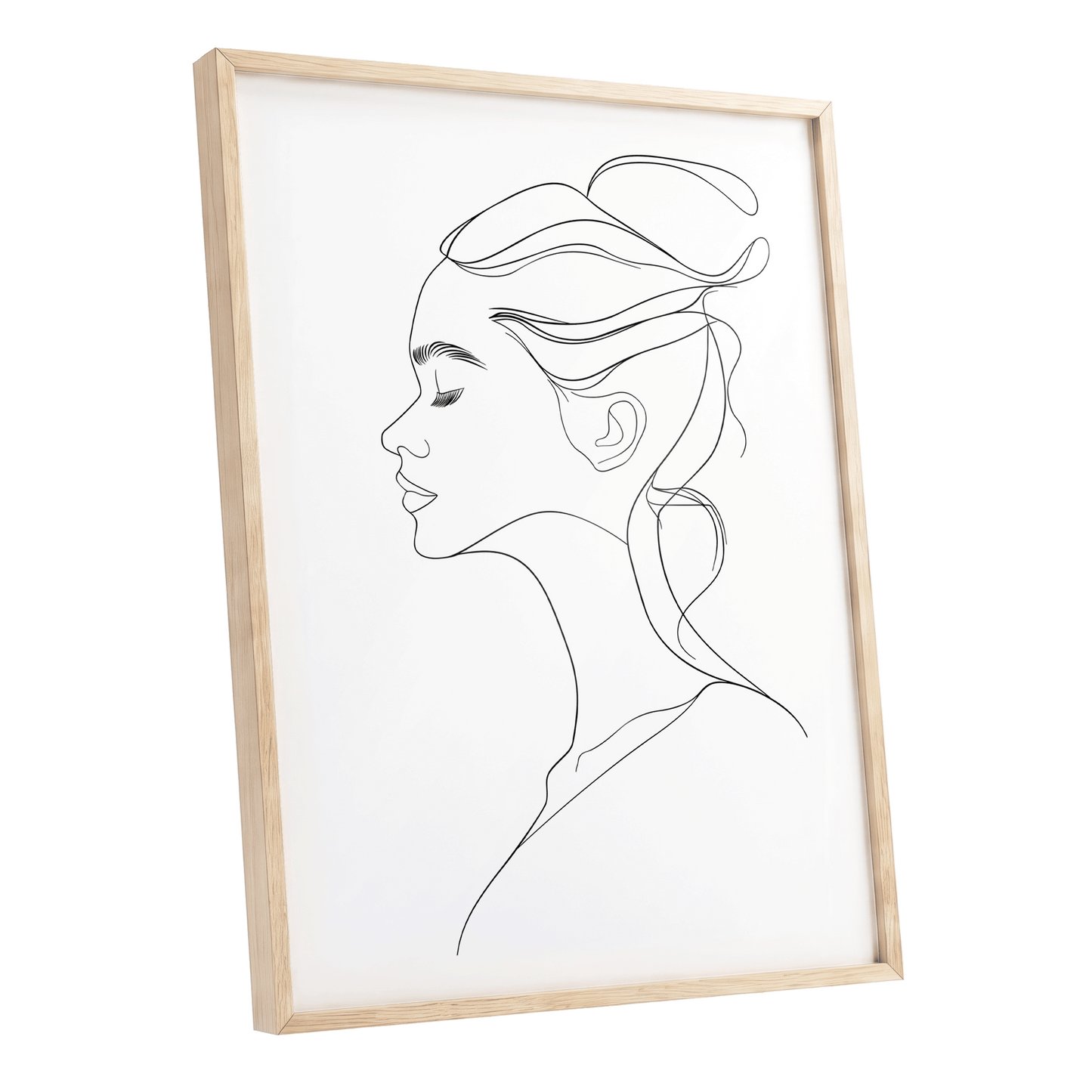 Quiet Profile, black, white minimalist wall art shown as a oak framed poster wall art print