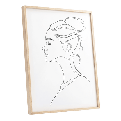 Quiet Profile, black, white minimalist wall art shown as a oak framed poster wall art print