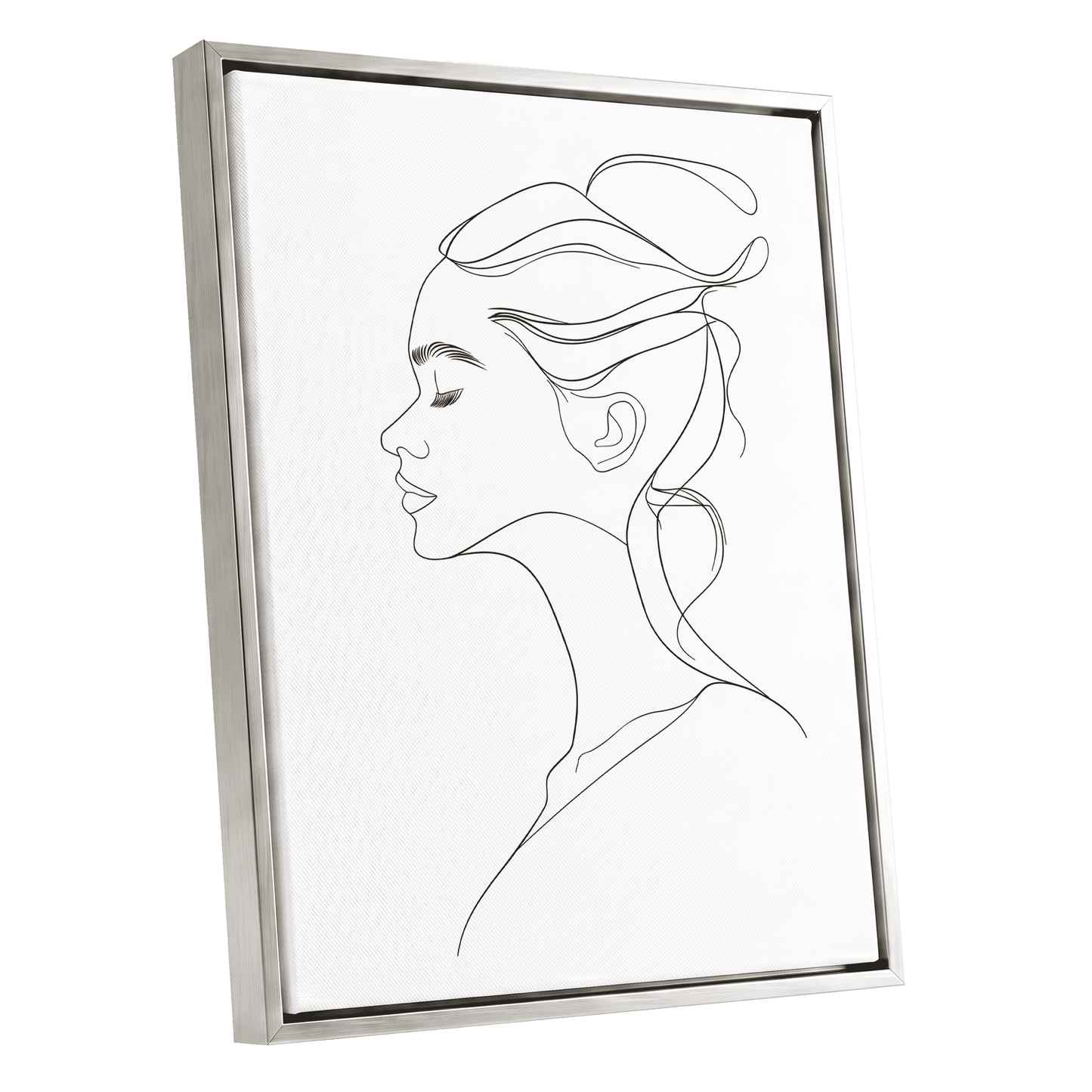 Quiet Profile, black, white minimalist wall art shown as a silver framed canvas wall art