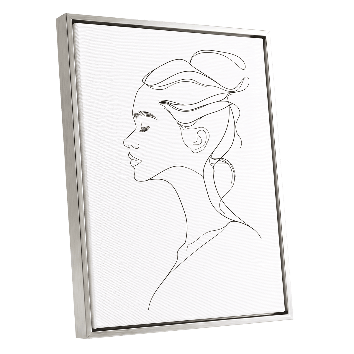 Quiet Profile, black, white minimalist wall art shown as a silver framed canvas wall art