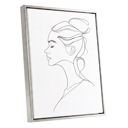 Quiet Profile, black, white minimalist wall art shown as a silver framed canvas wall art