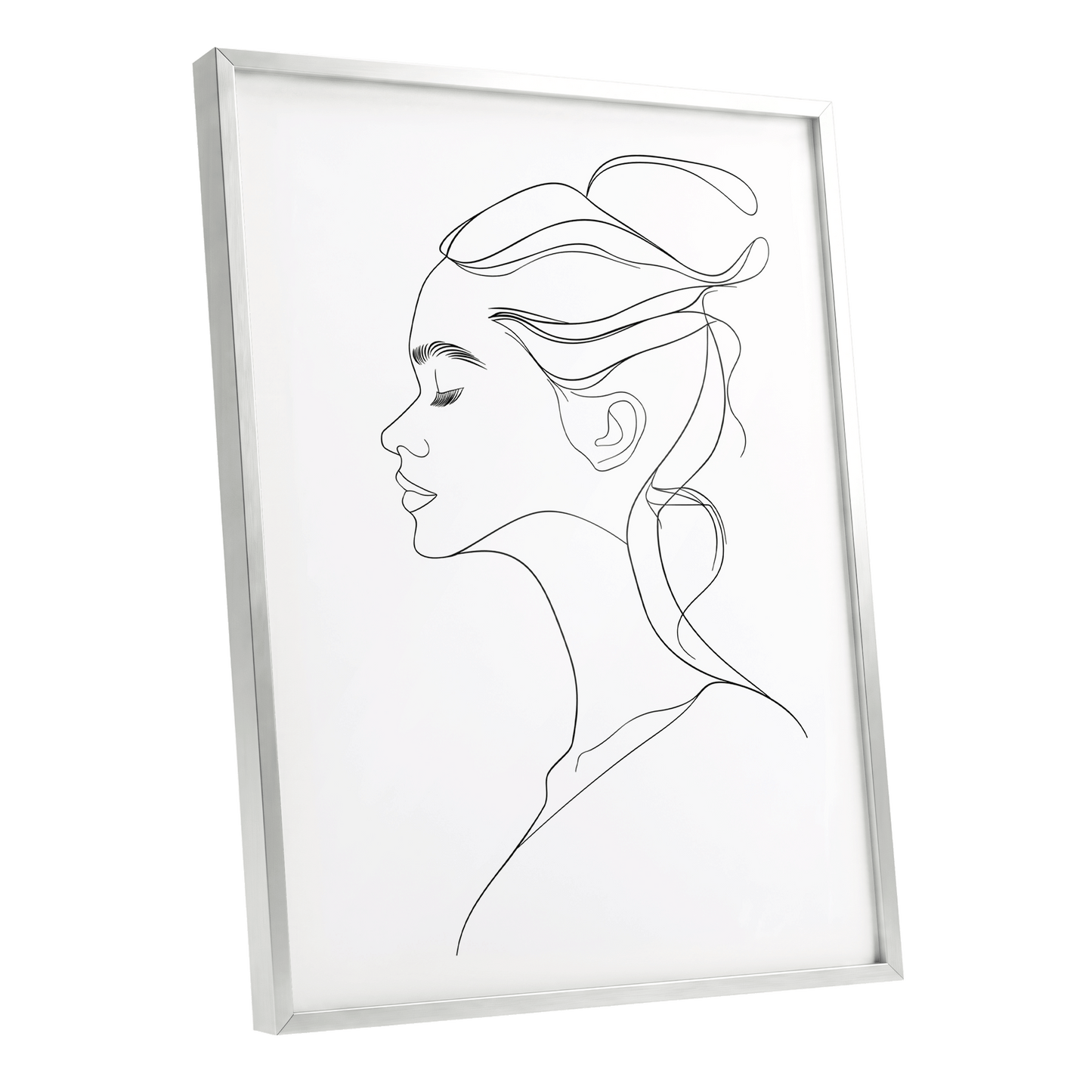 Quiet Profile, black, white minimalist wall art shown as a silver framed poster wall art print