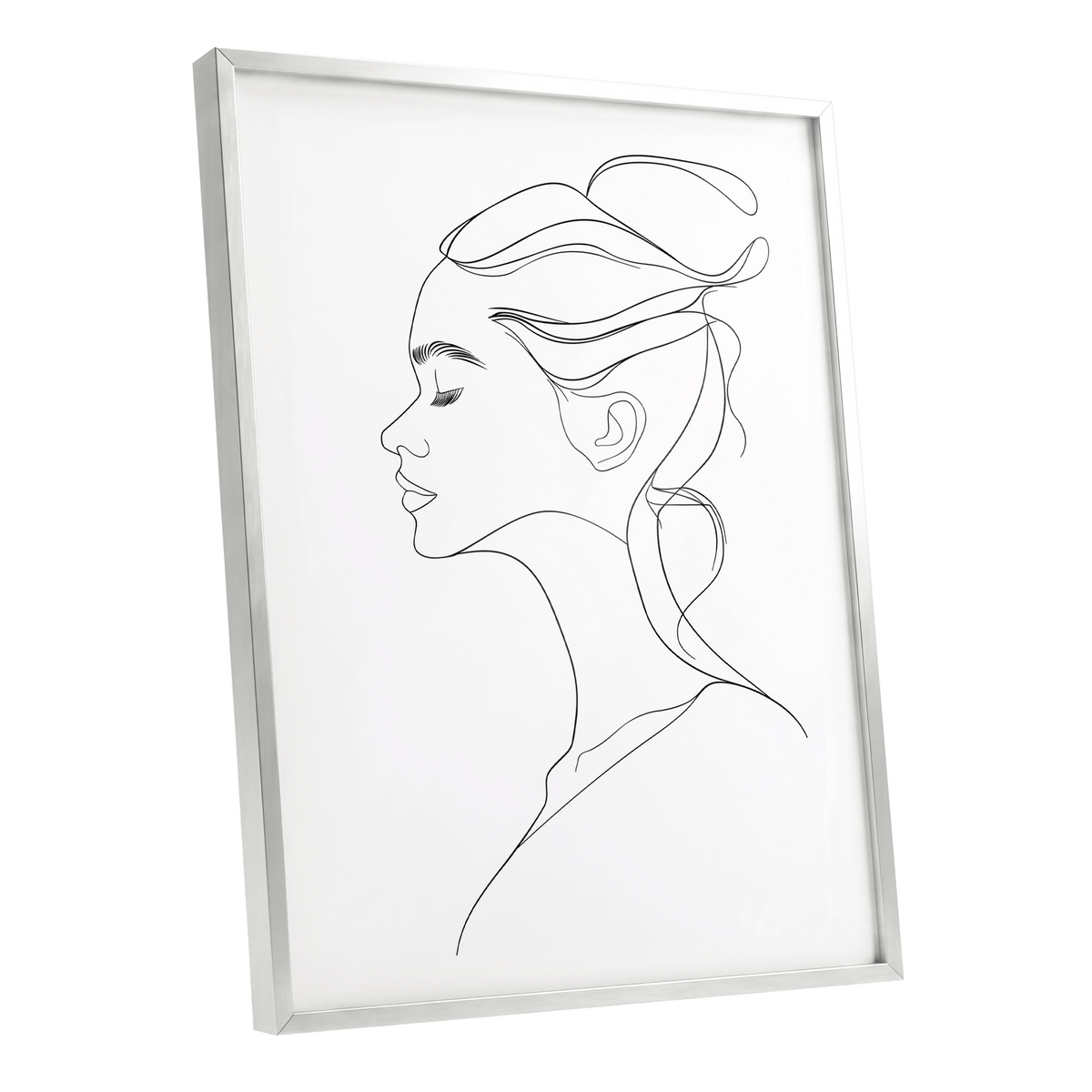 Quiet Profile, black, white minimalist wall art shown as a silver framed poster wall art print